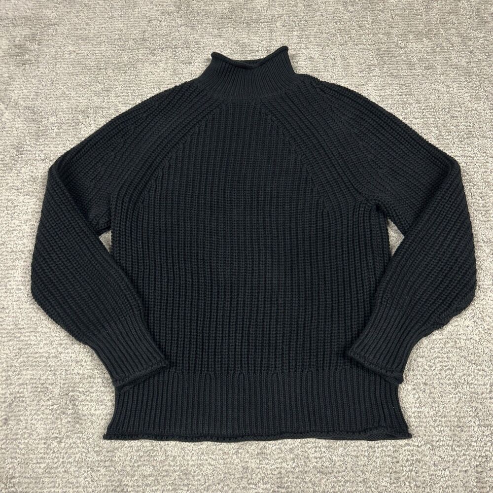 J Crew Relaxed Rollneck Sweater Womens Small Black Cotton Shaker Stitch BE159